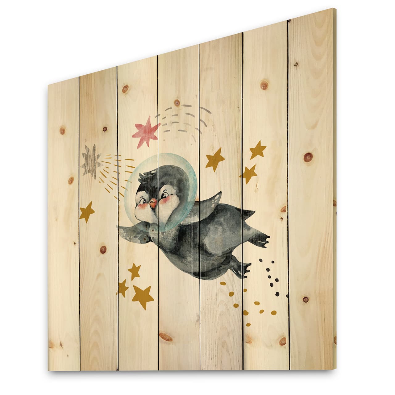 Designart - Little Penguin Flying Stars and Planets I - Farmhouse Print on Natural Pine Wood